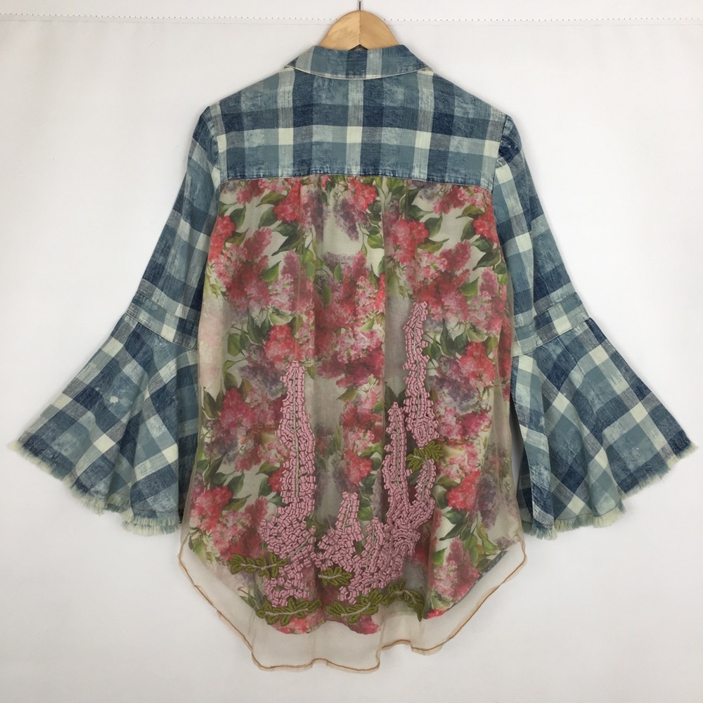 Aratta Silent Journey Plaid Chambray Floral Embroidered Button Down Top Blouse - Picture 15 of 16